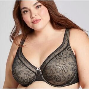 CACIQUE Bra Size 44D Modern Lace Lightly Lined Balconette Black Curvy Plus Sexy